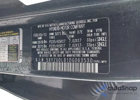 2013 Hyundai Santa Fe Sport из США, поврежденный, VIN 5XYZUDLB1DG063530